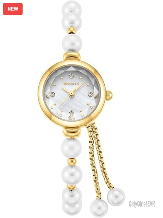 Pearl Bracelet Watch, Petite 22mm Dress Watch, Quartz Analog with Slider Clasp